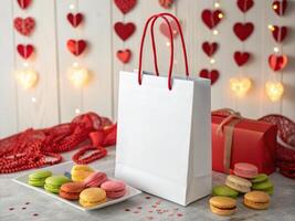 Empty White Shopping Bag with Macarons and Gifts for Valentine's Day photo
