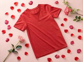 Blank Red T-Shirt with Rose Petals for Valentine's Day photo