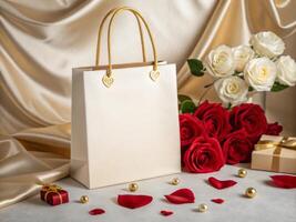 Elegant gift bag with red roses and candles for Valentine's Day. photo