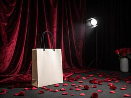 Empty Shopping Bag on Romantic Stage Setting with Rose Petals photo