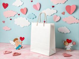 Empty Shopping Bag with Cupid and Hearts for Valentine's Day photo