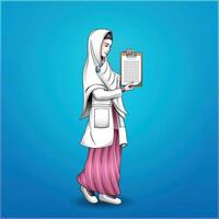 illustration of a Muslim woman, a doctor, holding a data note vector