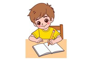A boy is sitting and doing his homework. Flat illustration. vector