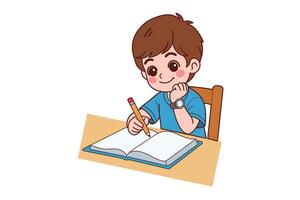 A boy is sitting and doing his homework. Flat style characters. vector