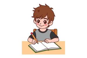 A boy is sitting and doing his homework. illustration. vector