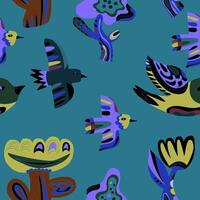 a colorful pattern of birds and flowers on a blue background vector