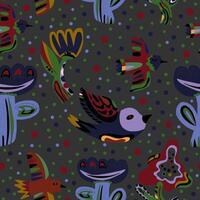 a pattern with colorful birds and cactus plants vector