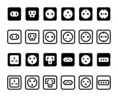 Socket types icon set. Rosette plugs illustration collection. Electrical socket symbol. Electric power sign. American socket type pictogram. European plug rosette isolated concept. vector
