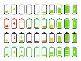 Battery charging icon set. Empty and full battery energy level icon collection. Low power mode battery illustration. Accumulator capacity pictogram. Web interface element for mobile phone. vector