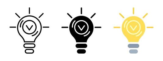 Light bulb with checkmark icon. Idea symbol. Creative mind invention sign. Inspiration and innovation thinking pictogram. Bright and shiny light bulb. Smart and efficient mind concept isolated. vector