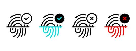 Fingerprint scanning status icon set. Fingerprint scan illustration. ID check access granted or rejected sign. Thumb print verification status. Finger imprint signature symbol. Touch protection vector
