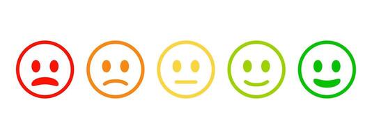 Feedback smile emotion icon set in different moods. Review smiley face collection. Service rating emotion illustration. Bad, poor, average, good and excellent feedback marking. Face expression symbols vector