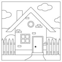 A black and white drawing of a house with a fence and clouds vector