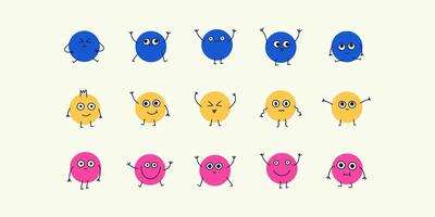 Cartoon faces with emotions, doodle characters in retro groovy funky style. Stickers set of hand drawn round faces vector