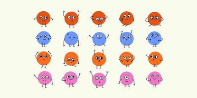 Cartoon faces with emotions, doodle characters in retro groovy funky style. Stickers set of hand drawn round faces vector
