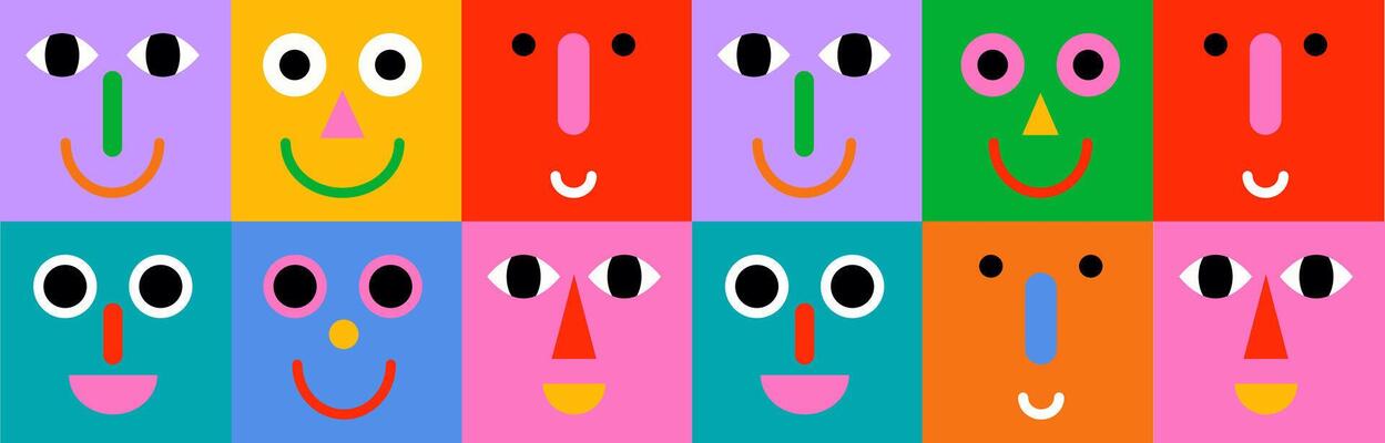 Abstract square faces. Funny cartoon characters with different emotions, doodle style happy trendy avatars, smile people portrait, contemporary geometric illustration, hand drawn isolated set