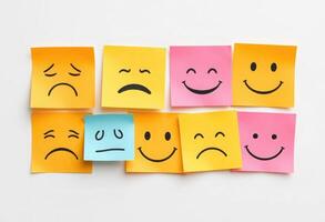 Post it notes with different emotions and faces photo