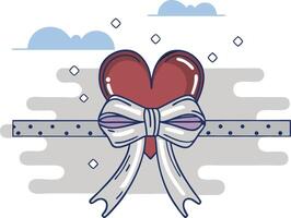 Red heart with a white ribbon and polka dots on a cloudy gray background. Flat Valentine's Day illustration vector