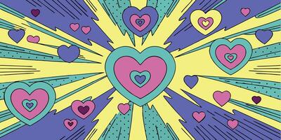 Pop-art style colorful layered hearts with radial rays on a bright yellow background. Valentine's Day concept vector