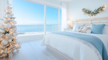 A bedroom with a white bed and christmas tree photo