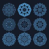 Seamless pattern snowflakes on deep blue background. Flat line snowing icons, cute snow flakes repeat wallpaper. Nice element for Christmas banner, wrapping. New year traditional ornament. vector