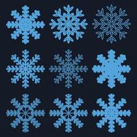 Seamless pattern snowflakes on deep blue background. Flat line snowing icons, cute snow flakes repeat wallpaper. Nice element for Christmas banner, wrapping. New year traditional ornament. vector