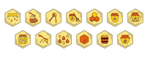 Set icons with honey and products. Options for using honey. Bee, viscous honey jar, liquid, drops, wooden sticks, jars honeycombs, barrel honey. vector