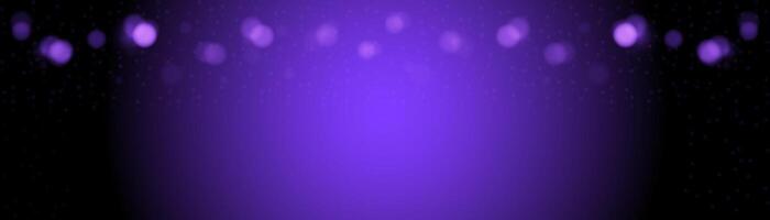 horizontal banner many violet, lilac, violet bokeh circles, golden particle on black background. Light circular design along the top edge of the banner. Background with copy space. vector