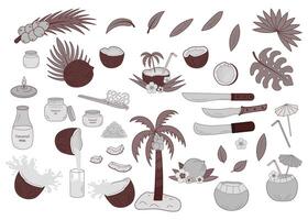 Set coconuts illustrations theme coconut production. Half coconut, slice, palm leaves, machete, coconut oil, milk, cream, coconut flakes. Available in greyscale, sepia and black and white. vector