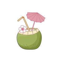 Refreshing tropical drink served in coconut with colorful umbrella and straw for summer enjoyment. Isolated illustration. vector