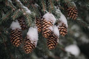 Detailed view of snowy pine cones resting on lush green pine tree branches photo