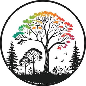 A tree with colorful leaves and birds in the background vector