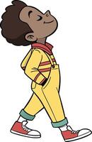 A cartoon boy walking with his hands in the air vector