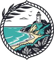 A lighthouse on the beach with a tree in the background vector