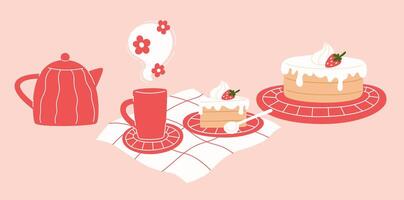 Slice of Cake with Strawberry and Cream, Tea Cup, Teapot, and Whole Cake vector