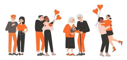 Set of Diverse Couples in Love for Valentine's Day vector