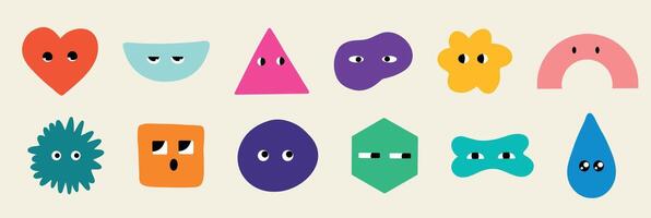 Set of Various bright Doodle shapes with face emotions. Different figures. Hand drawn trendy illustration for kids. Cute funny characters. EPS 10 vector