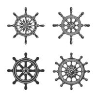 Four different ship steering wheels in black and white vector