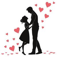 Silhouette of a man and woman kissing in front of hearts vector