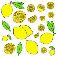 Lemon Bundle. A set of colorful doodle hand-drawn lemons, whole, half, slice, leaves. Isolated on a white background. For web, digital, print, kitchen design, menus, stickers, banners, posters vector