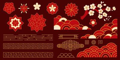 Chinese Lunar New Year design elements set. Clouds, flowers, geometric patterns in Chinese traditional style. For banners, posters, cards and other design. vector