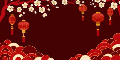 Chinese New Year Background. Beautiful decorative background template for Lunar New Year banner, decorated with plum blossoms, Chinese lanterns and clouds in traditional style. vector
