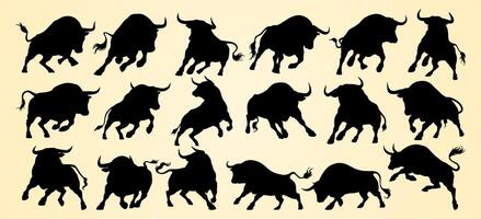 Dynamic silhouettes of bulls in various powerful and aggressive stances, showcasing strengt vector