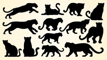 Silhouettes of big cats in various poses, including walking, running, and sitting. vector