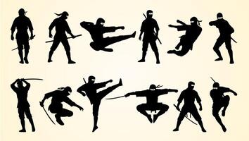 Silhouettes of ninjas in dynamic poses showcasing martial arts, combat skills, and weapons. vector