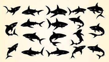 Silhouettes of sharks in various dynamic poses, showcasing their power and aquatic elegance. vector
