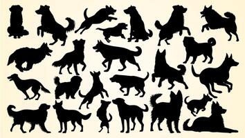 Silhouettes of dogs in various poses, capturing playful, active, and attentive behaviors. vector