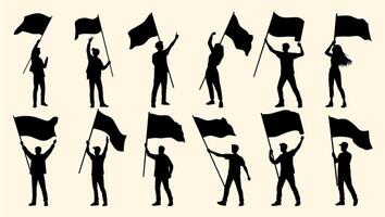 Silhouettes of people holding flags in various poses symbolizing freedom, protest, and unity. vector
