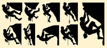Silhouette set Rock climbers in various stages of ascent, showcasing the dynamic nature of the sport and the diverse challenges climbers face. vector