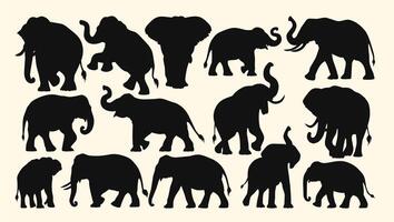 Silhouettes of elephants in various poses, showcasing their majestic and iconic shapes. vector